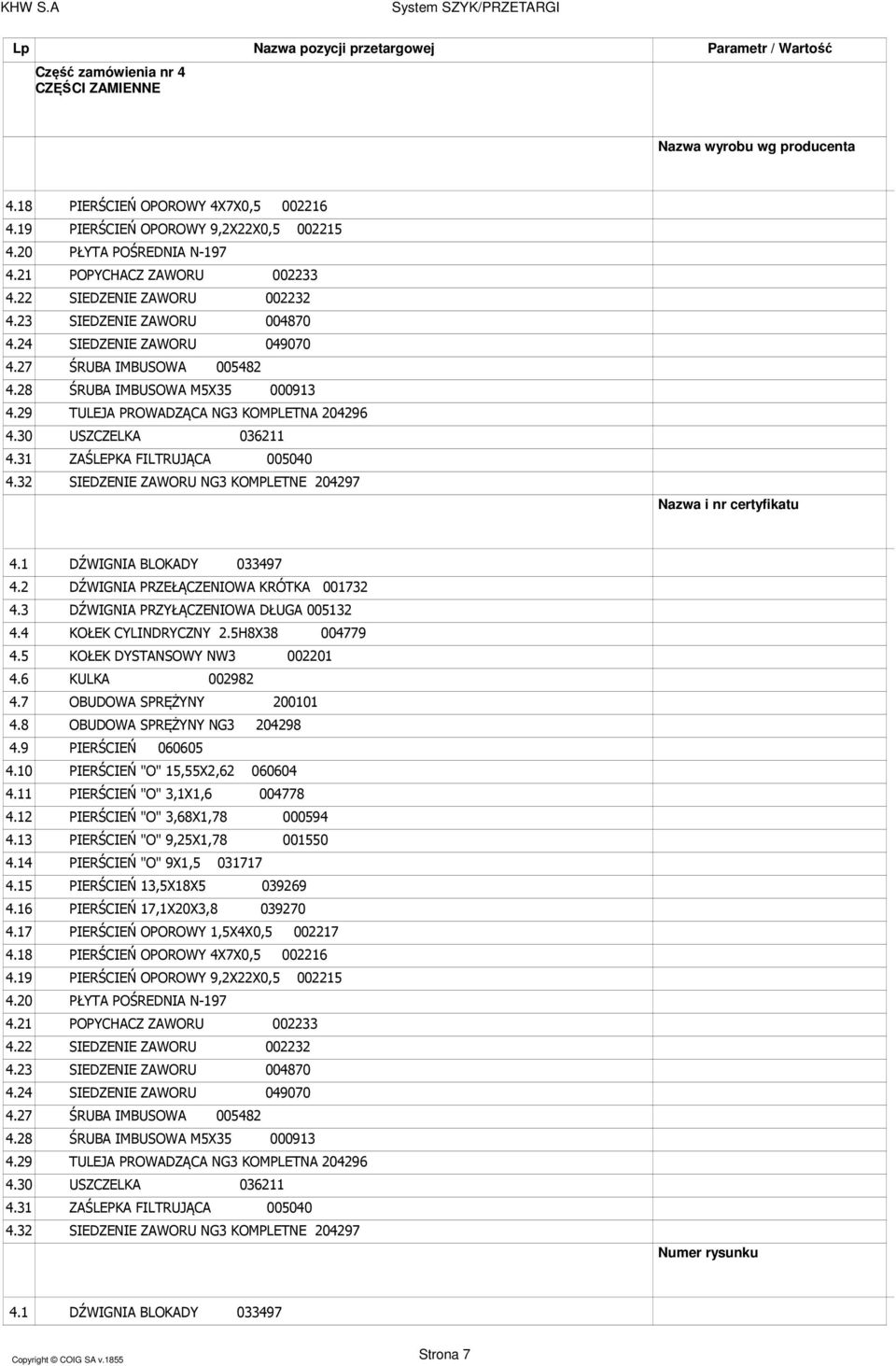 IMBUSOWA 005482 ŚRUBA IMBUSOWA M5X35 000913 TULEJA PROWADZĄCA NG3 KOMPLETNA 204296 USZCZELKA 036211 ZAŚLEPKA FILTRUJĄCA 005040 SIEDZENIE ZAWORU NG3 KOMPLETNE 204297 Nazwa i nr certyfikatu 4.1 4.2 4.