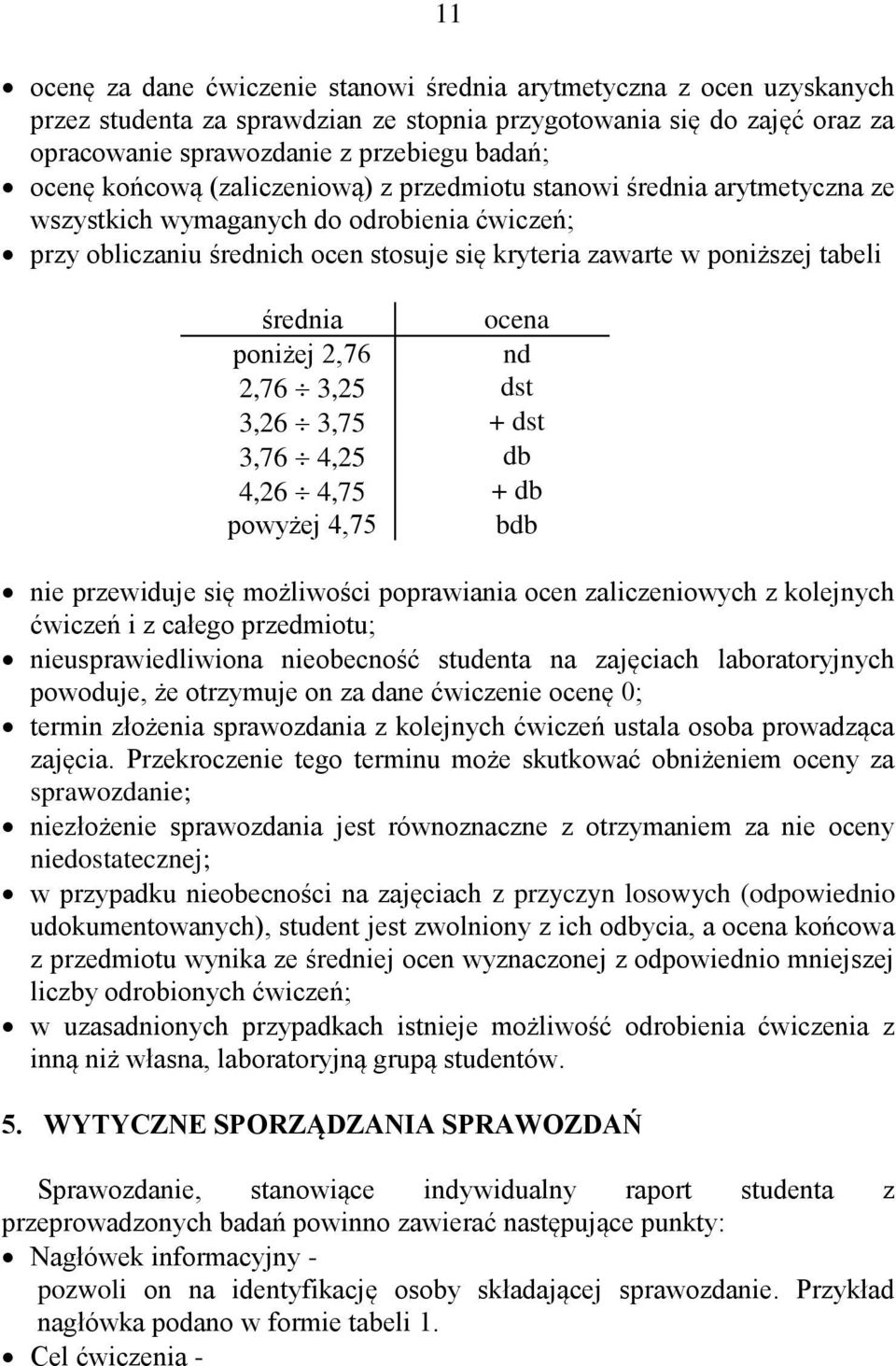 ocena poniżej 2,76 nd 2,76 3,25 dst 3,26 3,75 + dst 3,76 4,25 db 4,26 4,75 + db powyżej 4,75 bdb nie przewiduje się możliwości poprawiania ocen zaliczeniowych z kolejnych ćwiczeń i z całego