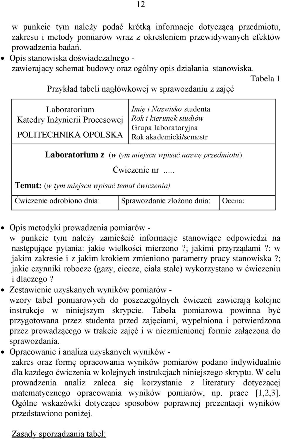 Tabela 1 Przykład tabeli nagłówkowej w sprawozdaniu z zajęć Laboratorium Katedry Inżynierii Procesowej POLITECHNIKA OPOLSKA Imię i Nazwisko studenta Rok i kierunek studiów Grupa laboratoryjna Rok