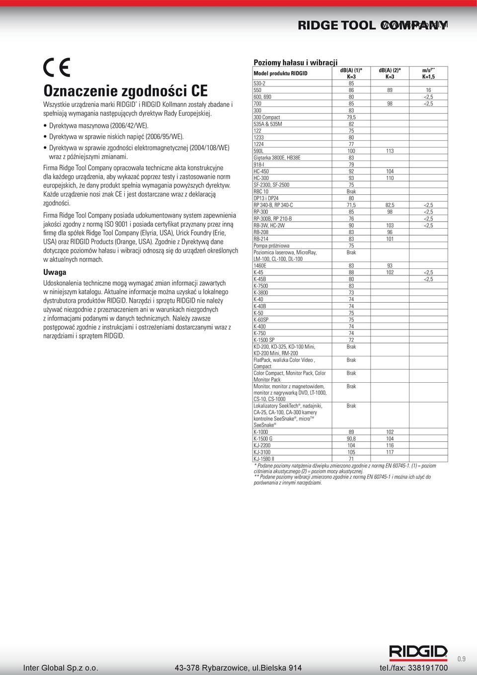 Firma Ridge Tool Company opracowała techniczne akta konstrukcyjne dla każdego urządzenia, aby wykazać poprzez testy i zastosowanie norm europejskich, że dany produkt spełnia wymagania powyższych