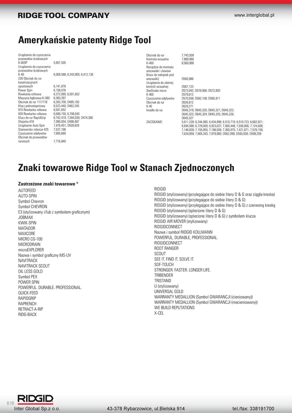 jednostopniowy 6,523,440; D462,245 915 Rowkarka rolkowa 6,591,652 920 Rowkarka rolkowa 6,688,150; 6,708,545 Klucz do rur RapidGrip 6,742,419; 7,044,030; D474,380 Olejarka 418 7,090,054; D498,487