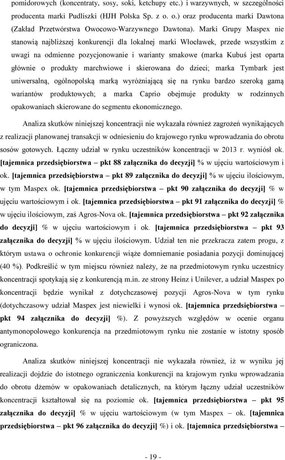 Marki Grupy Maspex nie stanowią najbliższej konkurencji dla lokalnej marki Włocławek, przede wszystkim z uwagi na odmienne pozycjonowanie i warianty smakowe (marka Kubuś jest oparta głównie o