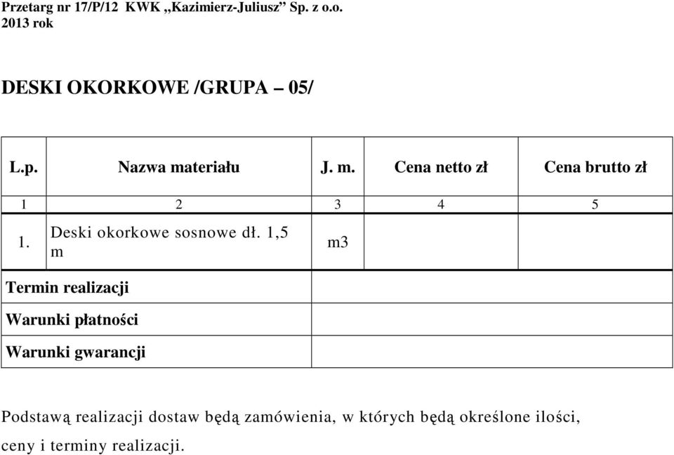 teriału J. m. Cena netto zł Cena brutto zł 1 2 3 4 5 1. Deski okorkowe sosnowe dł.