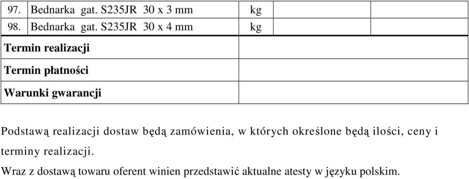 S235JR 30 x 4 mm Termin płatności Warunki gwarancji Podstawą realizacji