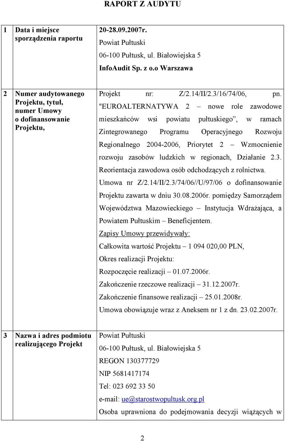 "EUROALTERNATYWA 2 nowe role zawodowe mieszkańców wsi powiatu pułtuskiego, w ramach Zintegrowanego Programu Operacyjnego Rozwoju Regionalnego 2004-2006, Priorytet 2 Wzmocnienie rozwoju zasobów