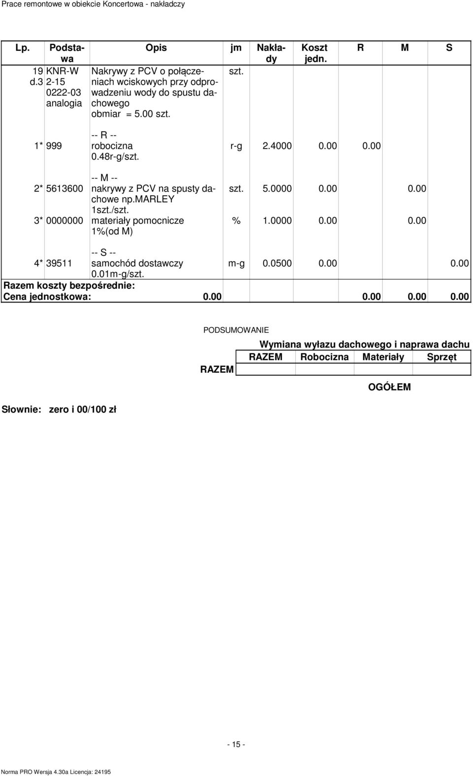 2* 5613600 nakrywy z PCV na spusty dachowe np.marley 1szt./szt. 3* 0000000 materiały pomocnicze 1%(od M) r-g 2.4000 0.00 0.00 szt. 5.0000 0.