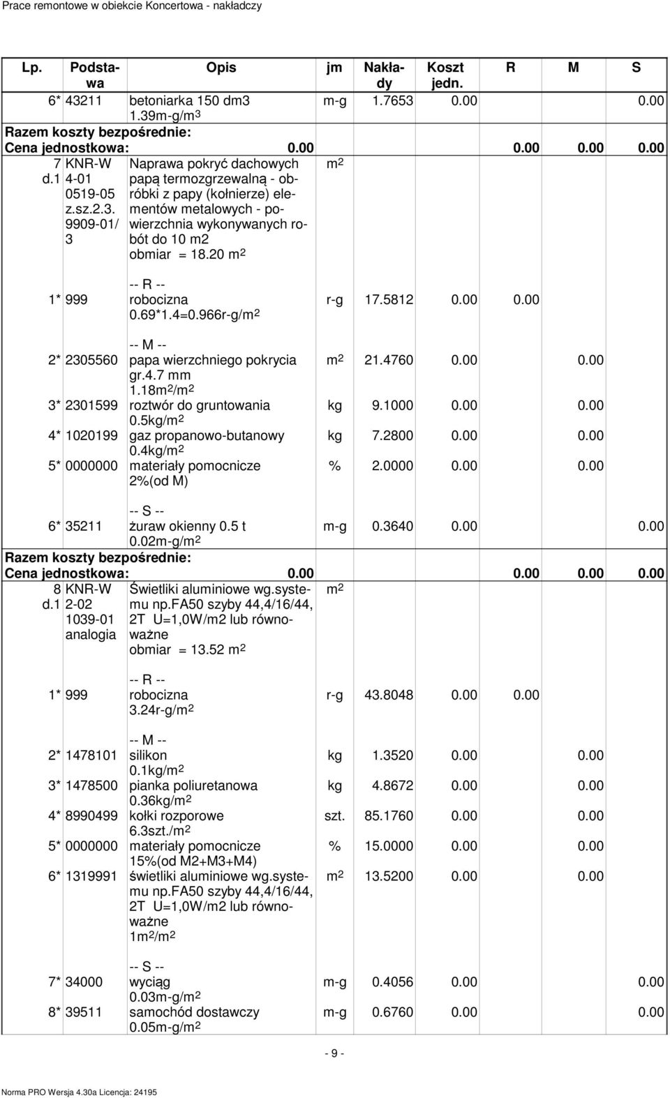 20 0.69*1.4=0.966r-g/ r-g 17.5812 0.00 0.00 2* 2305560 papa wierzchniego pokrycia 21.4760 0.00 0.00 gr.4.7 mm 1.18 / 3* 2301599 roztwór do gruntowania kg 9.1000 0.00 0.00 0.5kg/ 4* 1020199 gaz propanowo-butanowy kg 7.