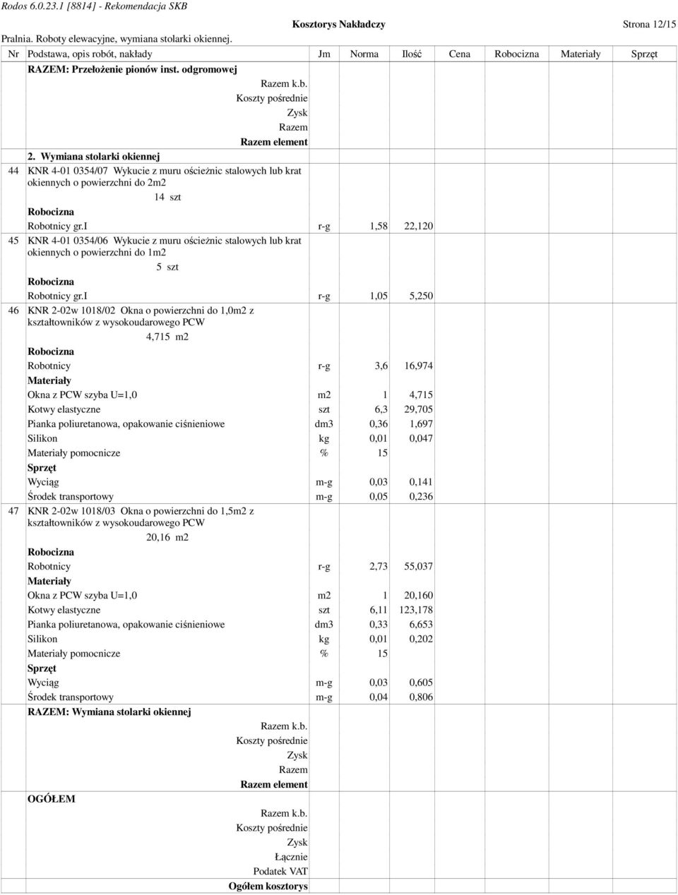 i r-g 1,58 22,120 45 KNR 4-01 0354/06 Wykucie z muru ościeżnic stalowych lub krat okiennych o powierzchni do 1m2 5 szt Robotnicy gr.