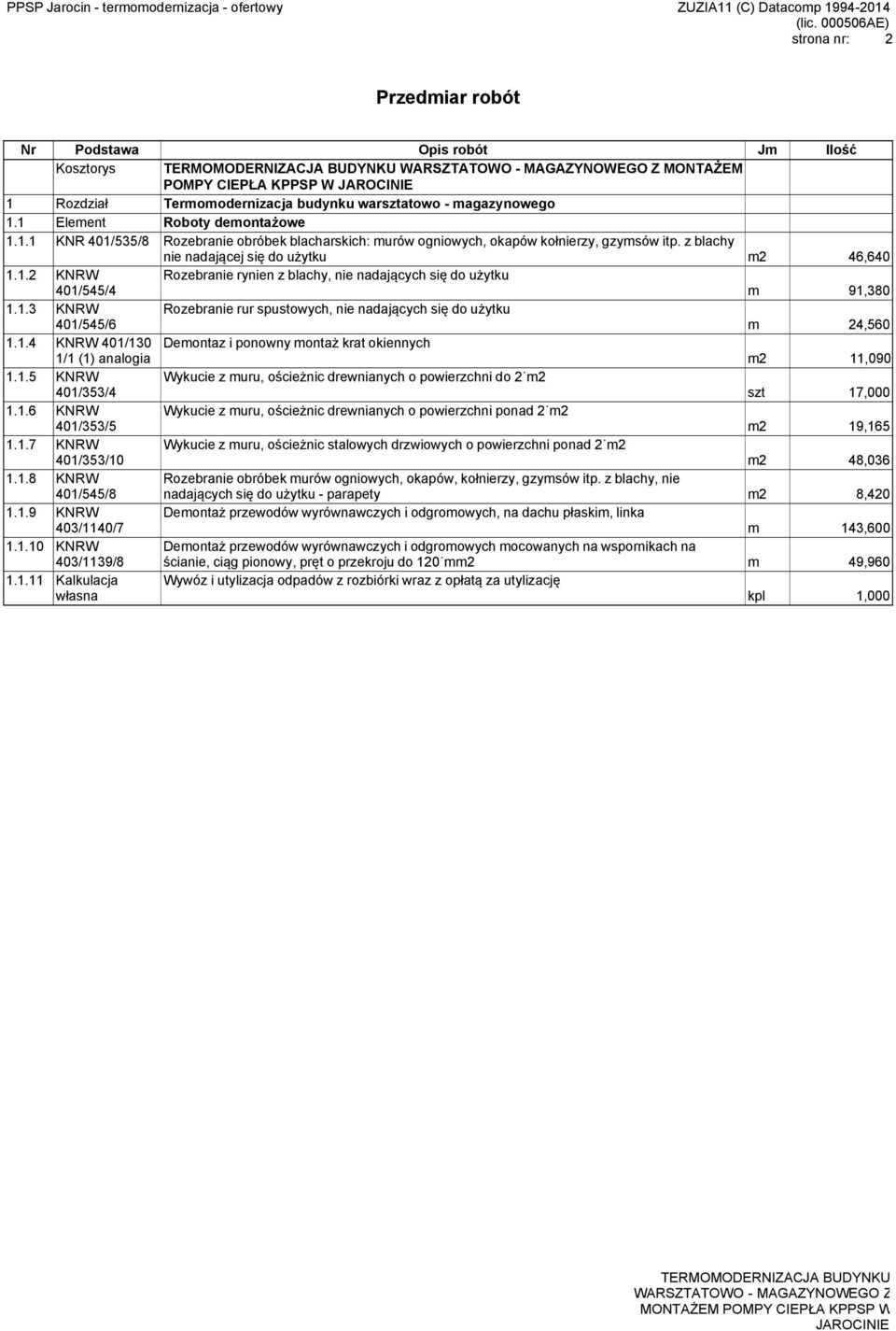 1.4 KNRW 401/130 Demontaz i ponowny montaż krat okiennych 1/1 analogia m2 11,090 1.1.5 KNRW Wykucie z muru, ościeżnic drewnianych o powierzchni do 2 m2 401/353/4 szt 17,000 1.1.6 KNRW Wykucie z muru, ościeżnic drewnianych o powierzchni ponad 2 m2 401/353/5 m2 19,165 1.
