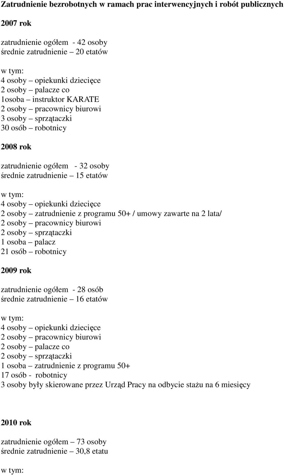 na 2 lata/ 2 osoby sprzątaczki 1 osoba palacz 21 osób robotnicy 2009 rok zatrudnienie ogółem - 28 osób średnie zatrudnienie 16 etatów 2 osoby palacze co 2 osoby sprzątaczki 1 osoba