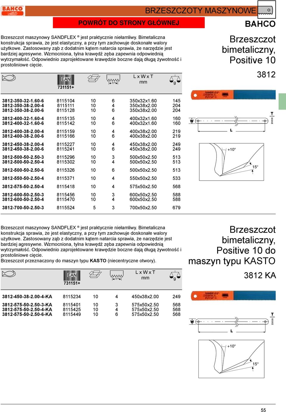 Odpowiednio zaprojektowane krawędzie boczne dają długą żywotność i prostoliniowe cięcie. / BRZESZCZOY MASZYNOE BAHCO Brzeszczot bimetaliczny, Positive 10 3812 3812-350-32-1.60-6 8115104 10 6 350x32x1.