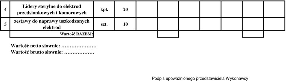 Wartość RAZEM: kpl. 20 szt.