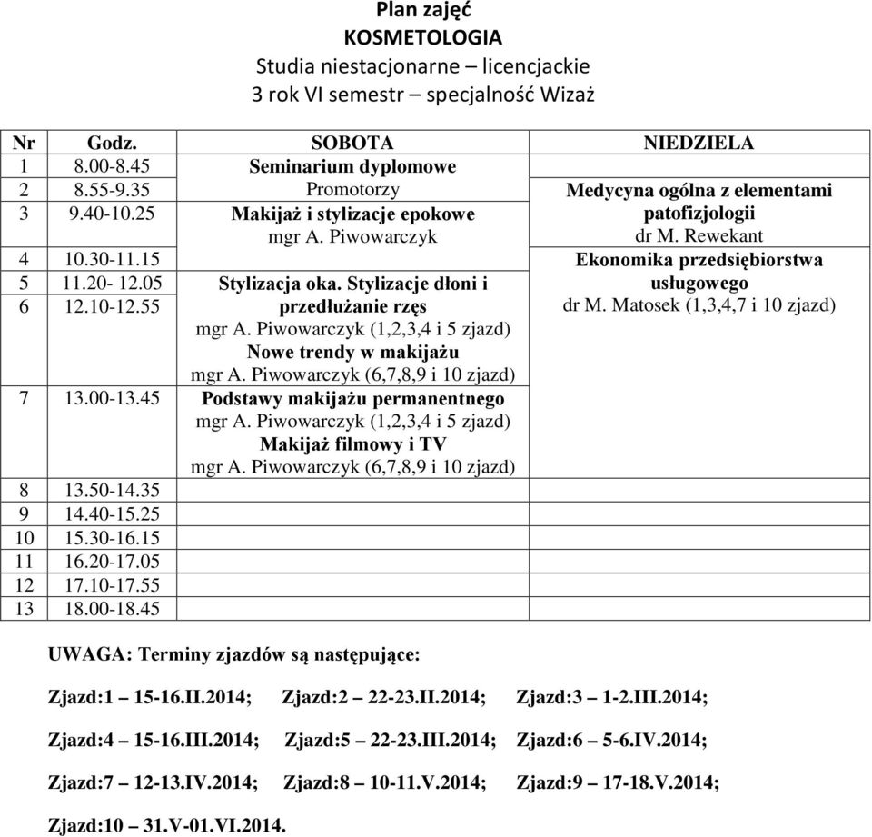 Stylizacje dłoni i usługowego 6 12.10-12.55 przedłużanie rzęs mgr A. Piwowarczyk (1,2,3,4 i 5 zjazd) Nowe trendy w makijażu mgr A.