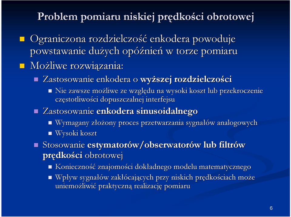 enkodera sinusoidalnego Wymagany złożony z ony proces przetwarzania sygnałów w analogowych Wysoki koszt Stosowanie estymatorów/obserwator w/obserwatorów w lub filtrów prędko