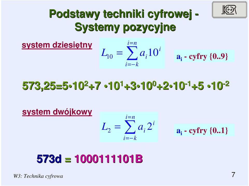 .9} 573,25=5 2 +7 +3 +2 - +5-2 system dwójkowy i = n a