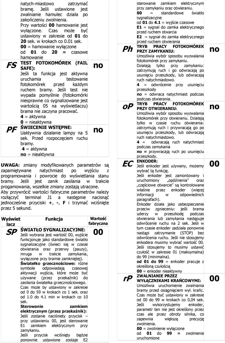 00 = hamowanie wyłączone od 01 do 20 = czasowe hamowanie TEST FOTOKOMÓREK (FAIL SAFE): Jeśli ta funkcja jest aktywna uruchamia testowanie fotokomórek przed każdym ruchem bramy.