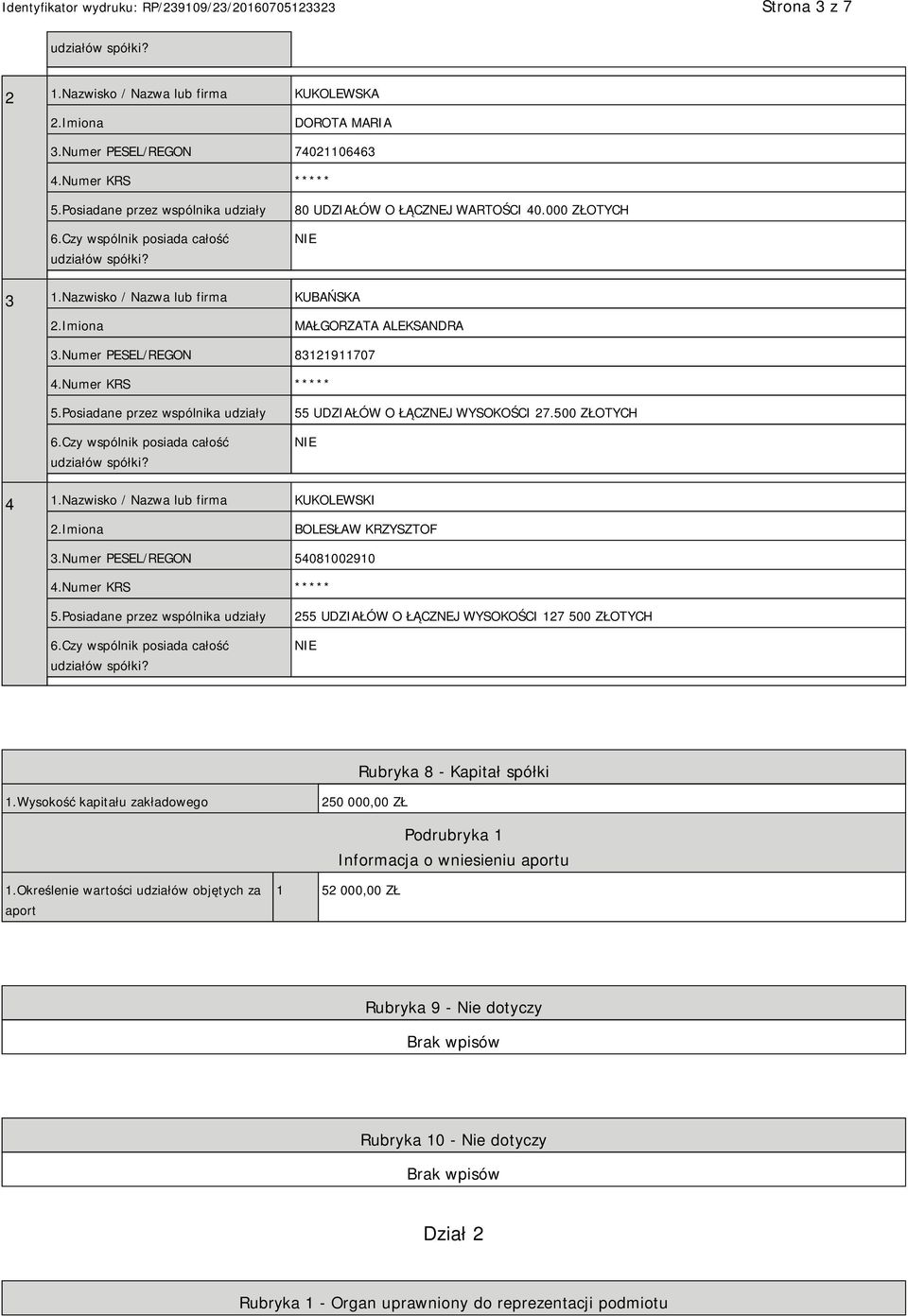 Nazwisko / Nazwa lub firma KUKOLEWSKI BOLESŁAW KRZYSZTOF 3.Numer PESEL/REGON 54081002910 255 UDZIAŁÓW O ŁĄCZNEJ WYSOKOŚCI 127 500 ZŁOTYCH Rubryka 8 - Kapitał spółki 1.