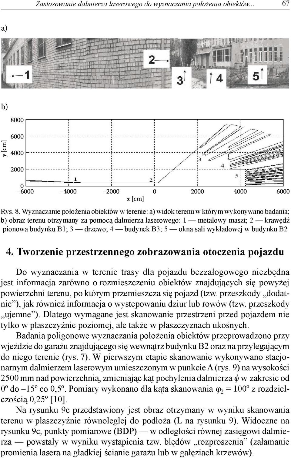 drzewo; 4 budynek B3; 5 okna sali wykładowej w budynku B2 4.