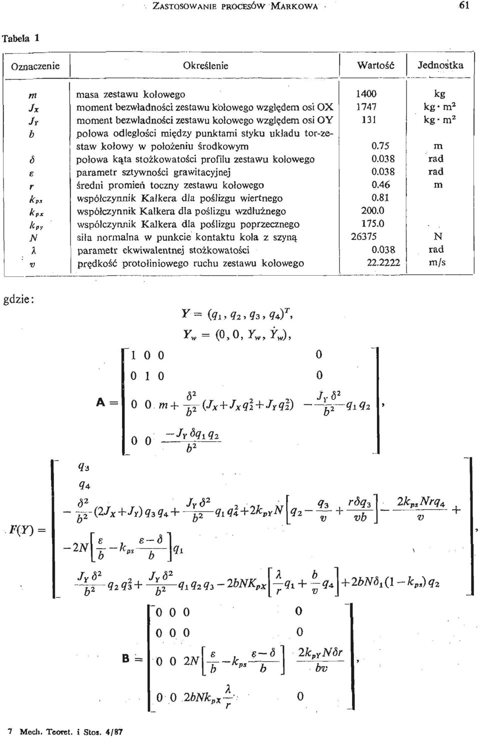 parametr sztywnoś ci grawitacyjnej ś redni promień toczny zestawu kołowego współczynnik Kalkera dla poś lizgu wiertnego współczynnik Kalkera dla poś lizgu wzdłuż nego współczynnik Kalkera dla poś