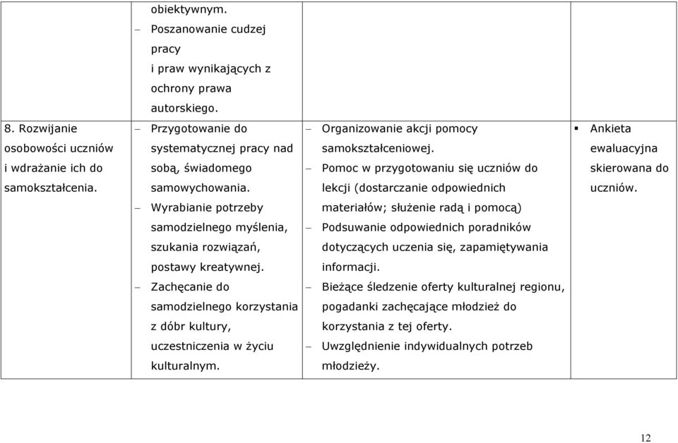 ewaluacyjna i wdrażanie ich do sobą, świadomego Pomoc w przygotowaniu się uczniów do skierowana do samokształcenia. samowychowania. lekcji (dostarczanie odpowiednich uczniów.