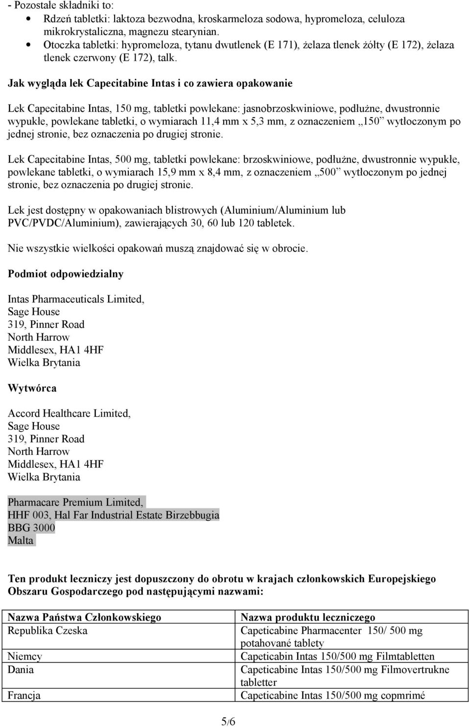 Jak wygląda lek Capecitabine Intas i co zawiera opakowanie Lek Capecitabine Intas, 150 mg, tabletki powlekane: jasnobrzoskwiniowe, podłużne, dwustronnie wypukłe, powlekane tabletki, o wymiarach 11,4