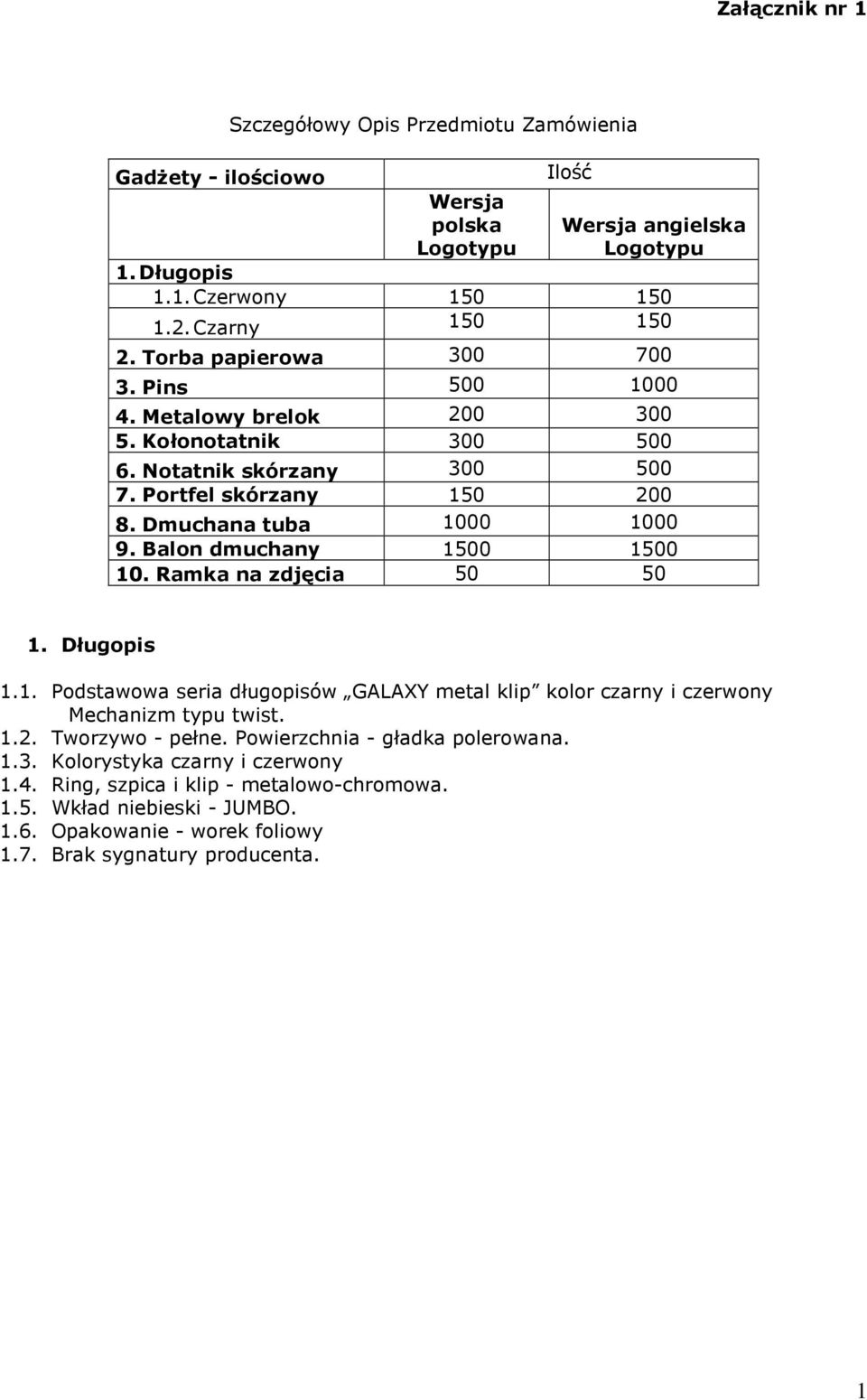 Balon dmuchany 1500 1500 10. Ramka na zdjęcia 50 50 1. Długopis 1.1. Podstawowa seria długopisów GALAXY metal klip kolor czarny i czerwony Mechanizm typu twist. 1.2. Tworzywo - pełne.