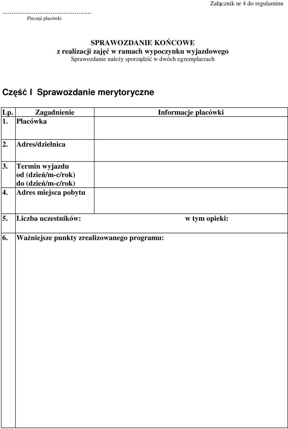 Zagadnienie Informacje placówki 1. Placówka 2. Adres/dzielnica 3.