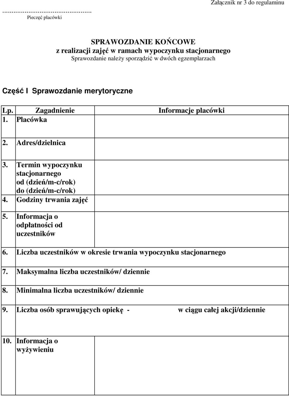 Termin wypoczynku stacjonarnego od (dzień/m-c/rok) do (dzień/m-c/rok) 4. Godziny trwania zajęć 5. Informacja o odpłatności od uczestników 6.