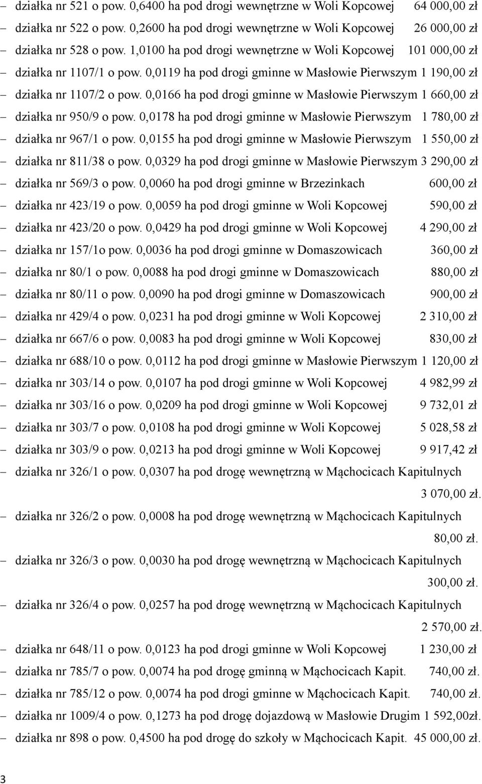 0,0166 ha pod drogi gminne w Masłowie Pierwszym 1 660,00 zł działka nr 950/9 o pow. 0,0178 ha pod drogi gminne w Masłowie Pierwszym 1 780,00 zł działka nr 967/1 o pow.