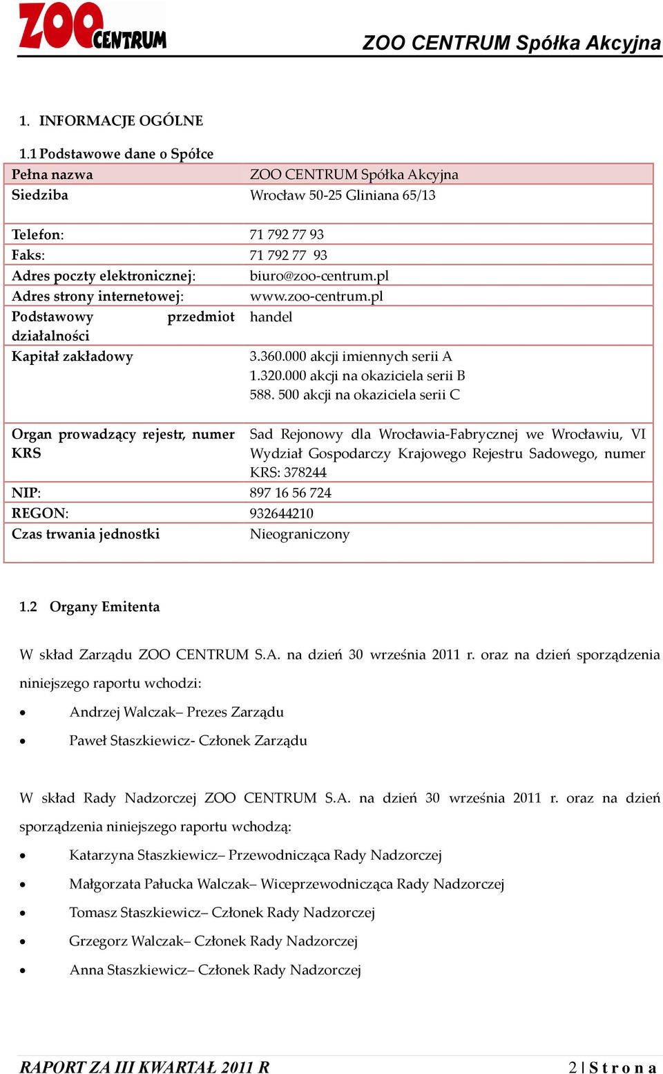 internetowej: Podstawowy działalności Kapitał zakładowy przedmiot Organ prowadzący rejestr, numer KRS biuro@zoo-centrum.pl www.zoo-centrum.pl handel NIP: 897 16 56 724 REGON: 932644210 Czas trwania jednostki 3.