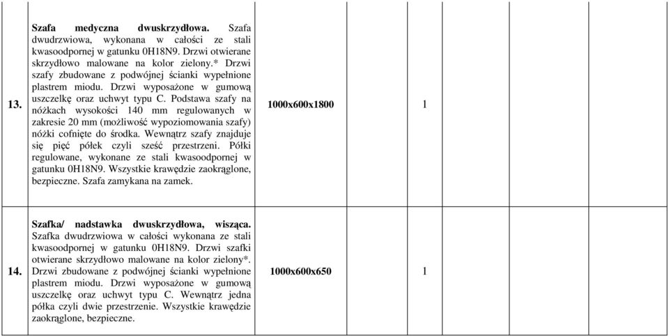 Podstawa szafy na nóŝkach wysokości 140 mm regulowanych w zakresie 20 mm (moŝliwość wypoziomowania szafy) nóŝki cofnięte do środka. Wewnątrz szafy znajduje się pięć półek czyli sześć przestrzeni.