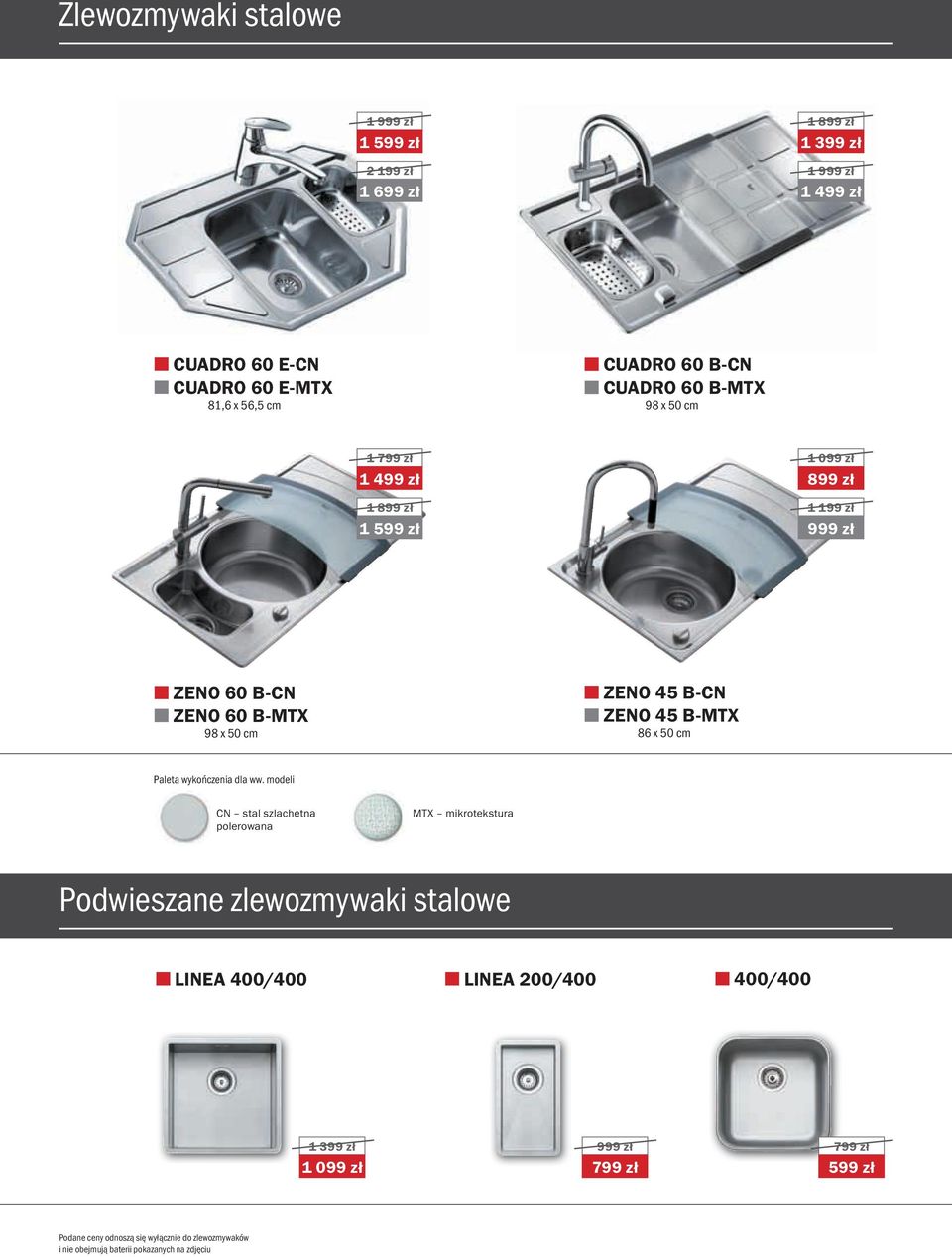 modeli CN stal szlachetna polerowana MTX mikrotekstura Podwieszane zlewozmywaki stalowe LINEA 400/400 LINEA 200/400