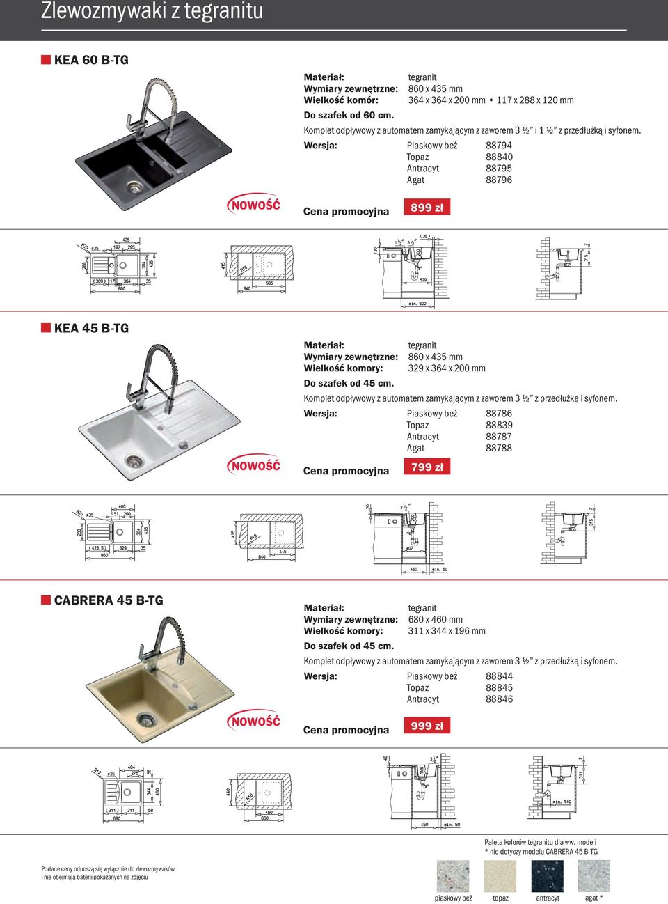 Wersja: Piaskowy beż 88794 Topaz 88840 Antracyt 88795 Agat 88796 Cena promocyjna KEA 45 B-TG Materiał: tegranit Wymiary zewnętrzne: 860 x 435 mm Wielkość komory: 329 x 364 x 200 mm Do szafek od 45 cm.