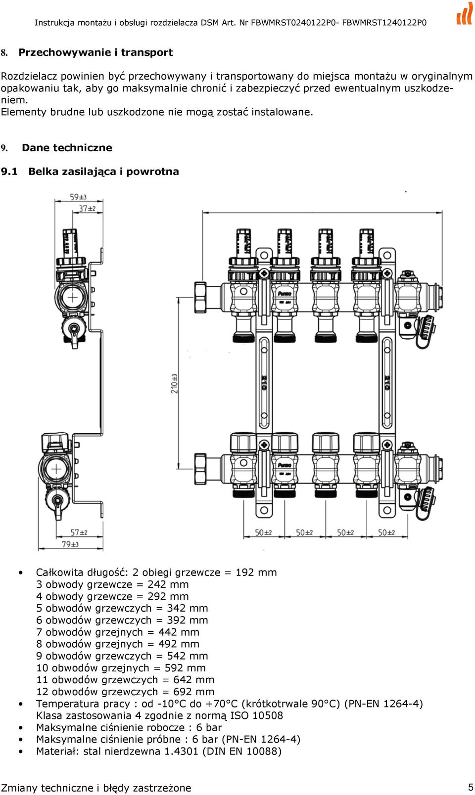 1 Belka zasilająca i powrotna Całkowita długość: 2 obiegi grzewcze = 192 mm 3 obwody grzewcze = 242 mm 4 obwody grzewcze = 292 mm 5 obwodów grzewczych = 342 mm 6 obwodów grzewczych = 392 mm 7 obwodów