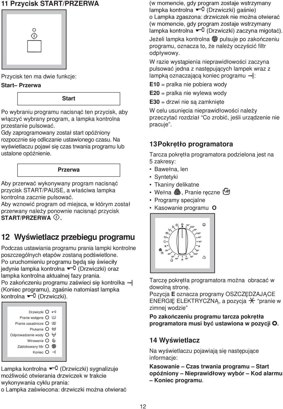 Przerwa Aby przerwa wykonywany program nacisna przycisk START/PAUSE, a wlaßciwa lampka kontrolna zacznie pulsowa.