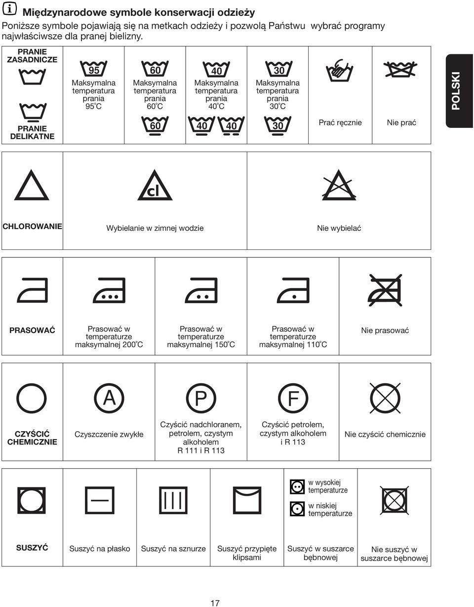 40 30 Prać ręcznie Nie prać CHLOROWANIE Wybielanie w zimnej wodzie Nie wybielać PRASOWAĆ Prasować w temperaturze maksymalnej 200 C Prasować w temperaturze maksymalnej 150 C Prasować w temperaturze