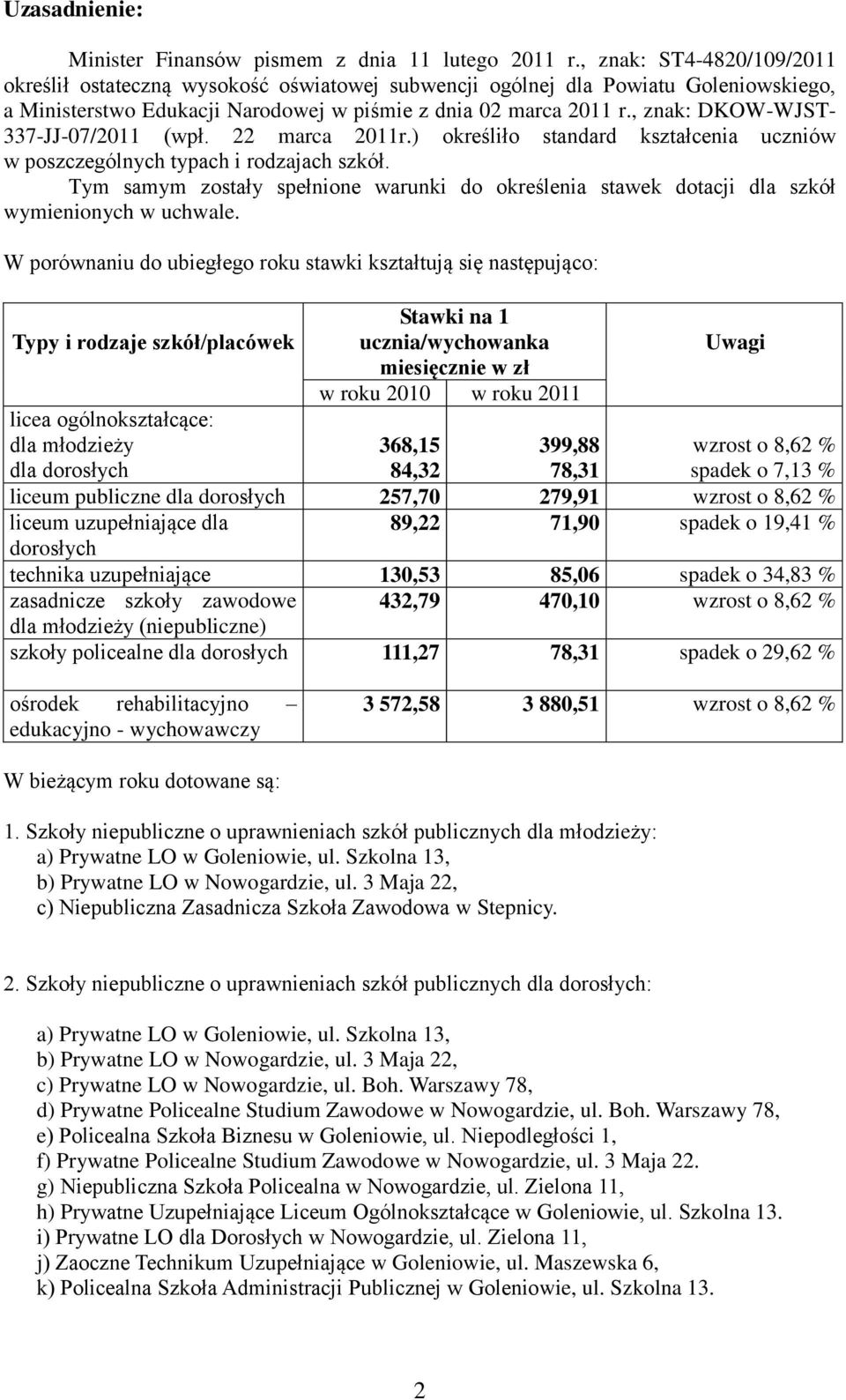 , znak: DKOW-WJST- 337-JJ-07/2011 (wpł. 22 marca 2011r.) określiło standard kształcenia uczniów w poszczególnych typach i rodzajach szkół.