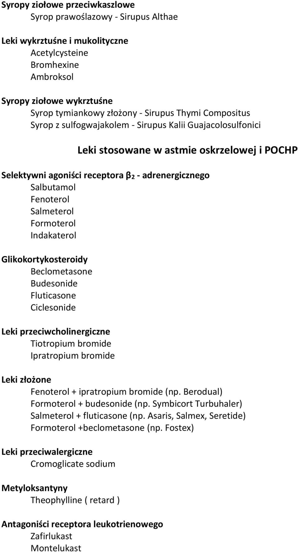 Salmeterol Formoterol Indakaterol Glikokortykosteroidy Beclometasone Budesonide Fluticasone Ciclesonide Leki przeciwcholinergiczne Tiotropium bromide Ipratropium bromide Leki złożone Fenoterol +