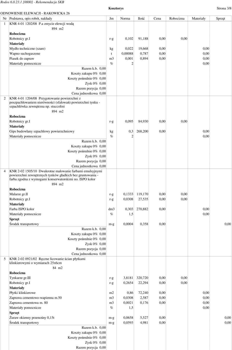 1204/08 Przygotowanie powierzchni z poszpachlowaniem nierówności (sfalowań) powierzchni tynku - szpachlówka zewnętrzna np. stuccolini 894 m2 Robotnicy gr.