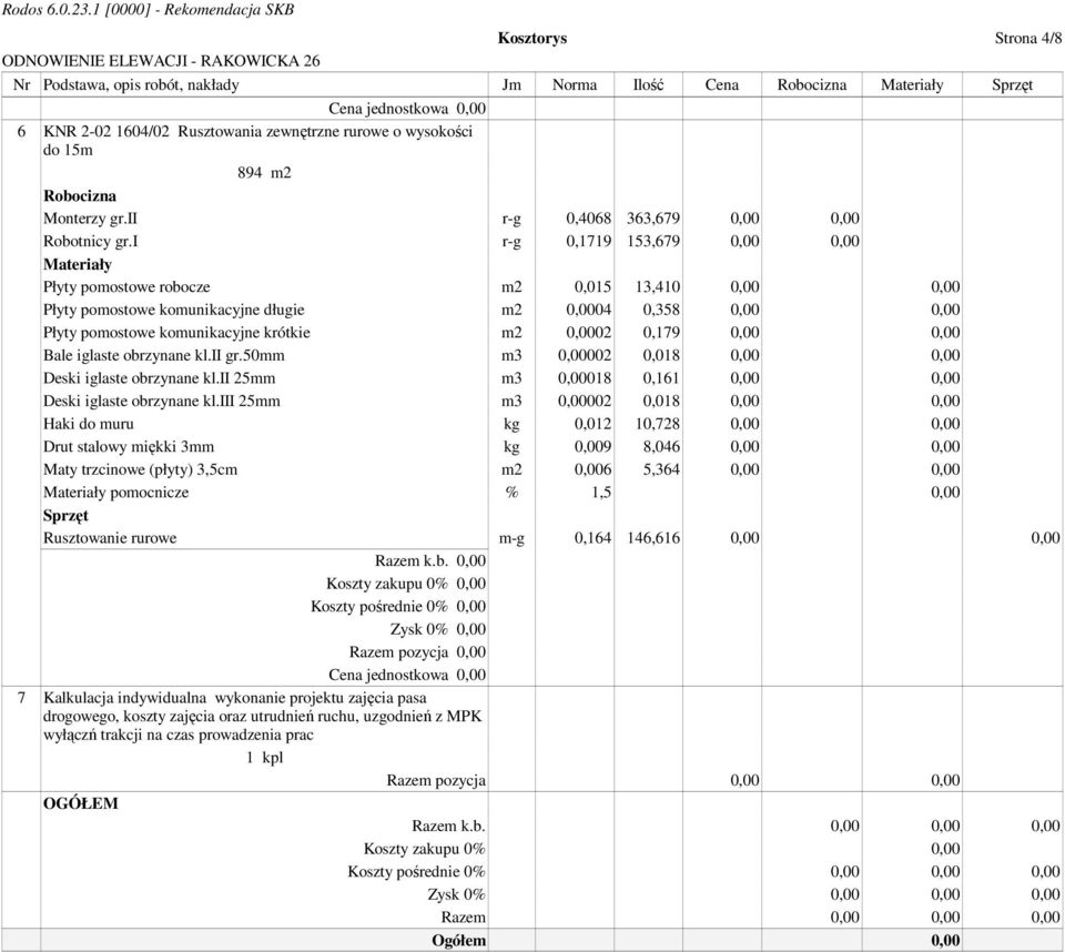 i r-g 0,1719 153,679 0,00 0,00 Płyty pomostowe robocze m2 0,015 13,410 0,00 0,00 Płyty pomostowe komunikacyjne długie m2 0,0004 0,358 0,00 0,00 Płyty pomostowe komunikacyjne krótkie m2 0,0002 0,179