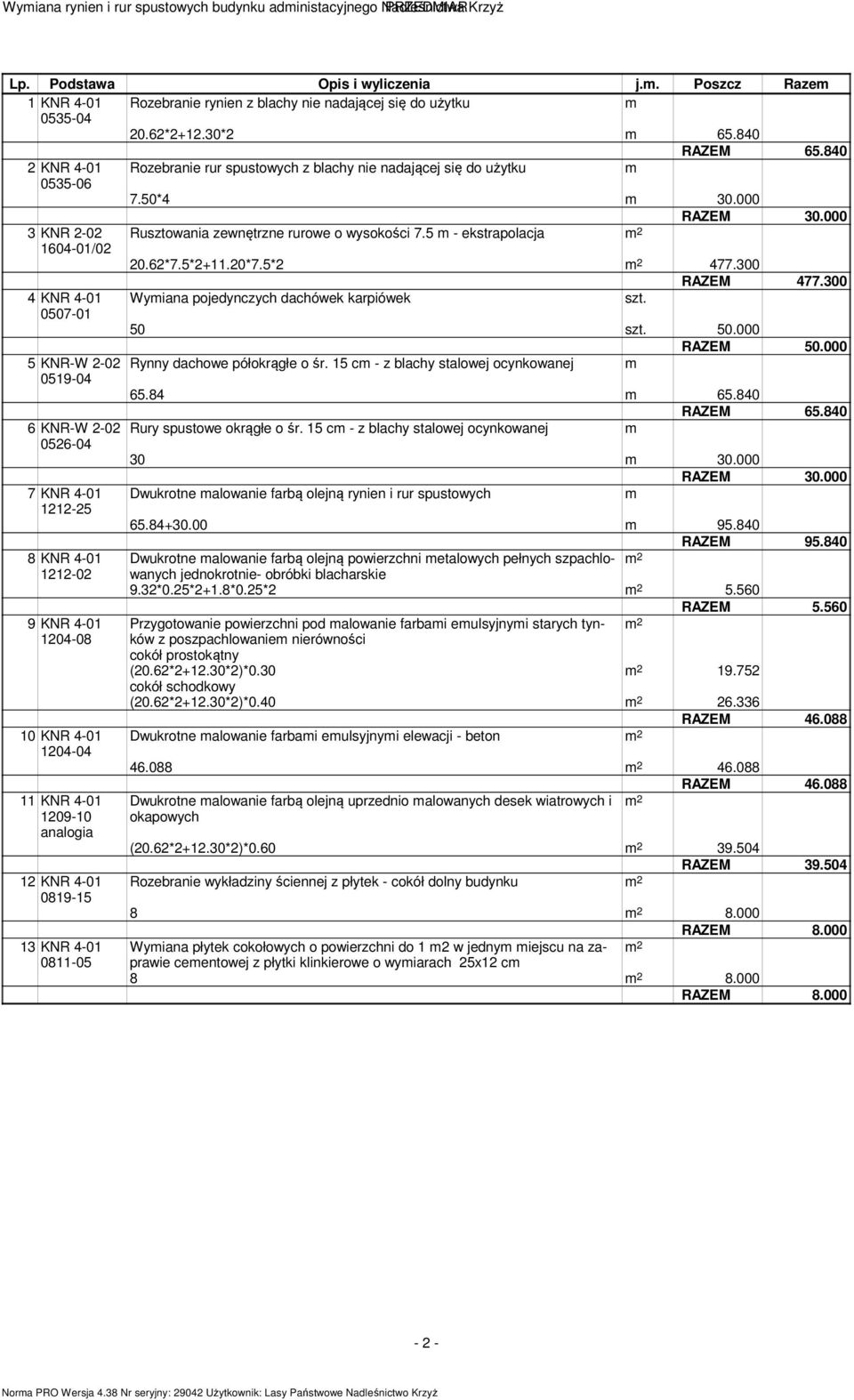 840 2 KNR 4-01 Rozebranie rur spustowych z blachy nie nadającej się do użytku 0535-06 7.50*4 30.000 RAZEM 30.000 3 KNR 2-02 Rusztowania zewnętrzne rurowe o wysokości 7.5 - ekstrapolacja 1604-01/02 20.