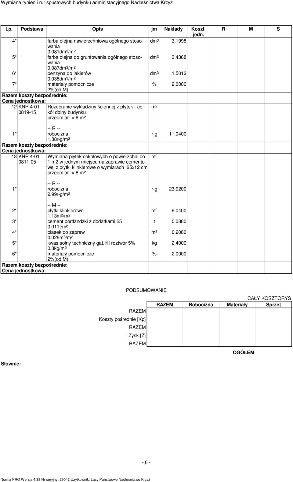 038d 3 / 7* ateriały poocnicze 12 KNR 4-01 Rozebranie wykładziny ściennej z płytek - cokół 0819-15 dolny budynku przediar = 8 r-g 11.0400 1.