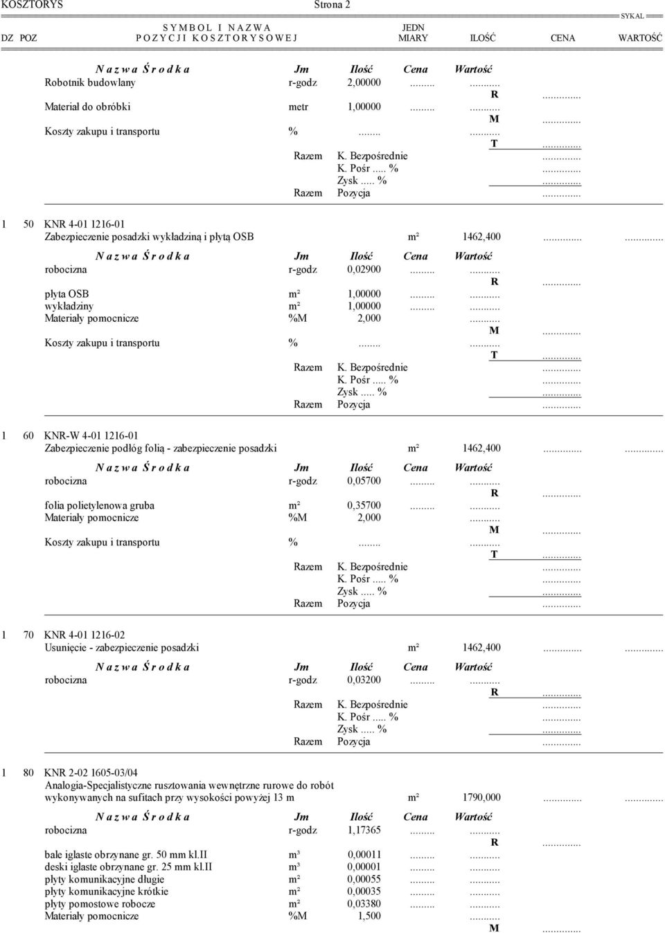 ... Materiały pomocnicze %M 2,000... M... Koszty zakupu i transportu %... T... Razem K. Bezpośrednie... 1 60 KNR-W 4-01 1216-01 Zabezpieczenie podłóg folią - zabezpieczenie posadzki m² 1462,400.