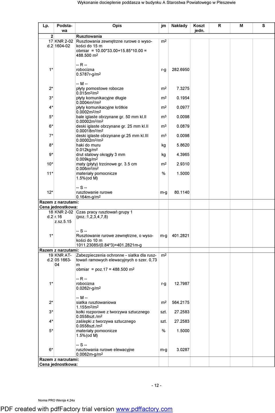 9310 2* płyty pomostowe robocze 0.015 / 3* płyty komunikacyjne długie 0.0004 / 4* płyty komunikacyjne krótkie 0.0002 / 5* bale iglaste obrzynane gr. 50 mm kl.ii 0.