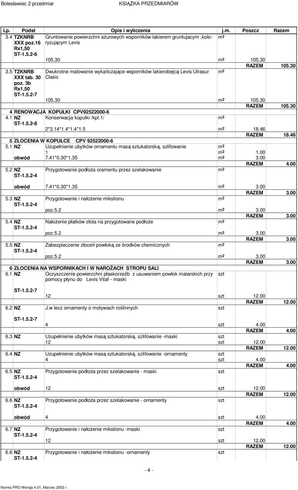 46 RAZEM 18.46 5 ZŁOCENIA W KOPUŁCE CPV 92522000-6 5.1 NZ Uzupełnienie ubytków ornamentu masą sztukatorską, szlifowanie 1 1.00 obwód 7.41*0.30*1.35 3.00 5.