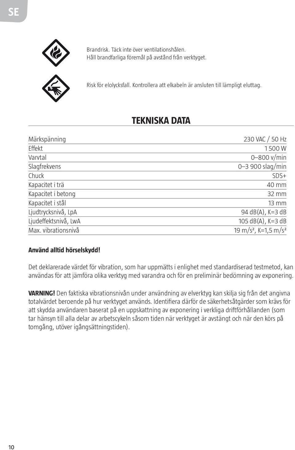 vibrationsnivå 230 VAC / 50 Hz 1 500 W 0 800 v/min 0 3 900 slag/min SDS+ 40 mm 32 mm 13 mm 94 db(a), K=3 db 105 db(a), K=3 db 19 m/s², K=1,5 m/s² Använd alltid hörselskydd!