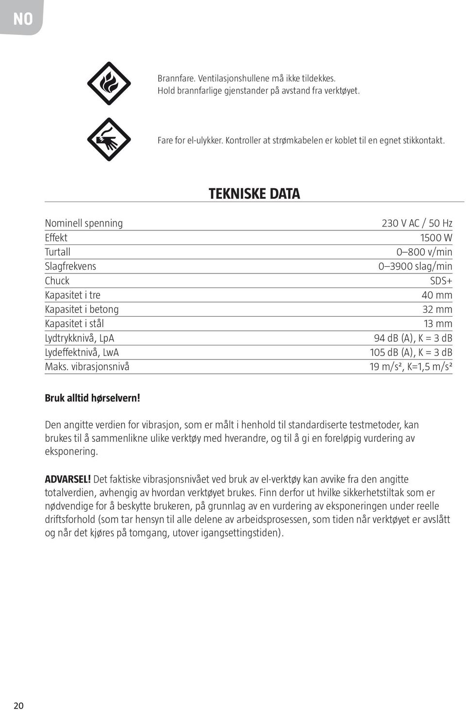 vibrasjonsnivå 230 V AC / 50 Hz 1500 W 0 800 v/min 0 3900 slag/min SDS+ 40 mm 32 mm 13 mm 94 db (A), K = 3 db 105 db (A), K = 3 db 19 m/s², K=1,5 m/s² Bruk alltid hørselvern!