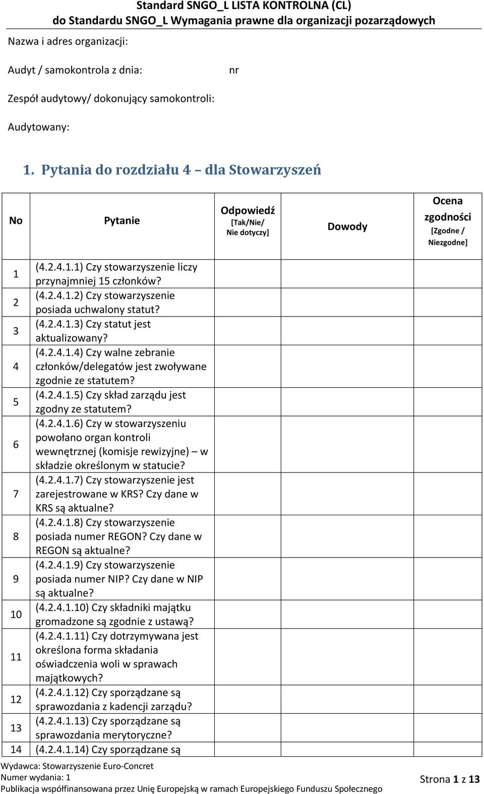 (4.2.4.1.6) Czy w stowarzyszeniu powołano organ kontroli 6 wewnętrznej (komisje rewizyjne) w składzie określonym w statucie? (4.2.4.1.7) Czy stowarzyszenie jest 7 zarejestrowane w KRS?