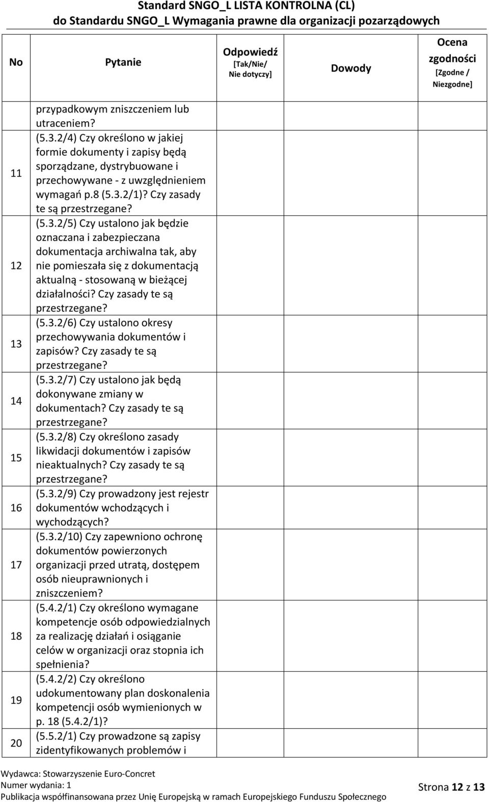 Czy zasady te są przestrzegane? (5.3.2/6) Czy ustalono okresy przechowywania dokumentów i zapisów? Czy zasady te są przestrzegane? (5.3.2/7) Czy ustalono jak będą dokonywane zmiany w dokumentach?