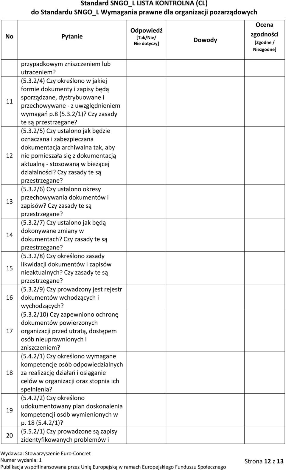 Czy zasady te są przestrzegane? (5.3.2/6) Czy ustalono okresy przechowywania dokumentów i zapisów? Czy zasady te są przestrzegane? (5.3.2/7) Czy ustalono jak będą dokonywane zmiany w dokumentach?